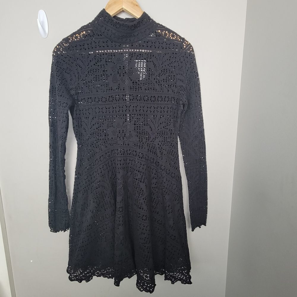 Free People Beach Long Sleeve Black Laser Cut Lace Dress Small